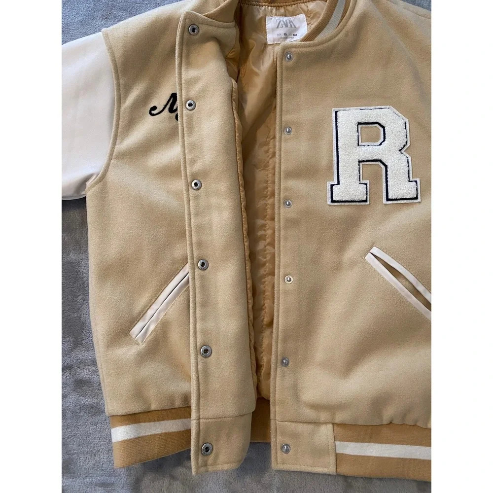 Zara Varsity Jacket Kids Size 10 Tan Northwest Campus Letterman‎ Bomber Jacket